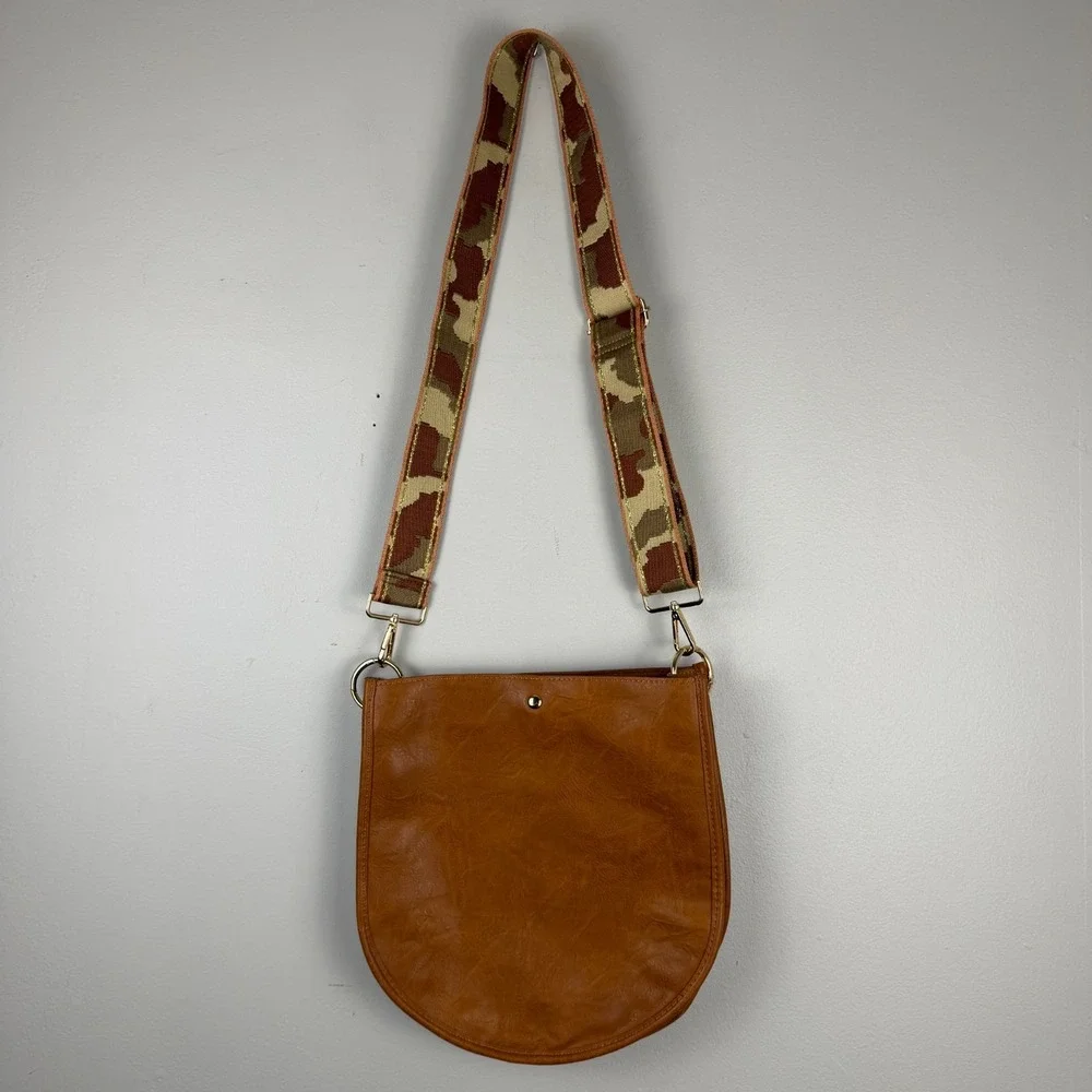 Ahdorned Crossbody Bag Women's Brown Faux Leather U-Shaped Camo Adjustable Strap